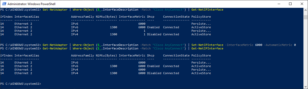 The PowerShell with administrative priviledges executes the query and set commands.